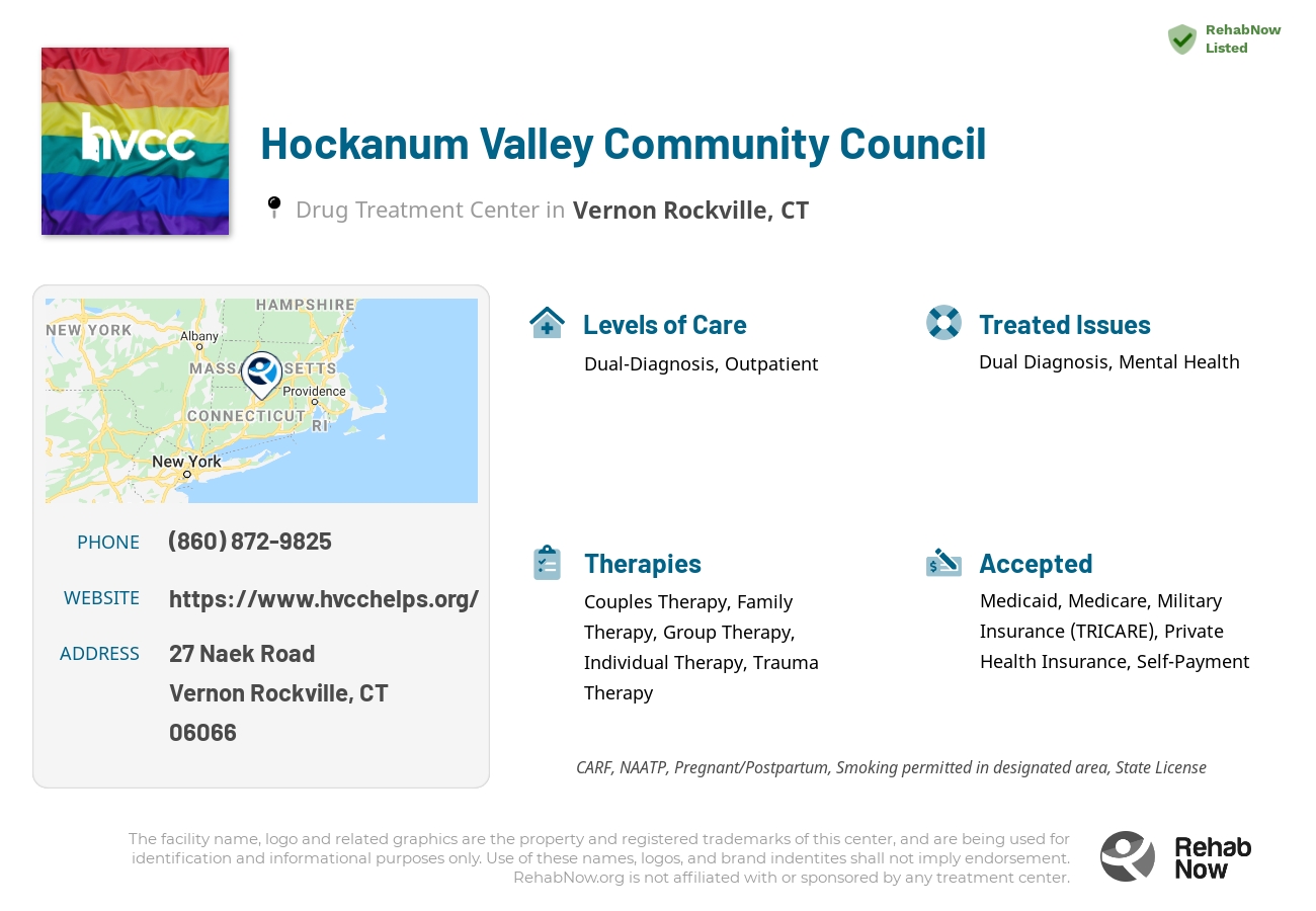 Helpful reference information for Hockanum Valley Community Council, a drug treatment center in Connecticut located at: 27 Naek Road, Vernon Rockville, CT, 06066, including phone numbers, official website, and more. Listed briefly is an overview of Levels of Care, Therapies Offered, Issues Treated, and accepted forms of Payment Methods.
