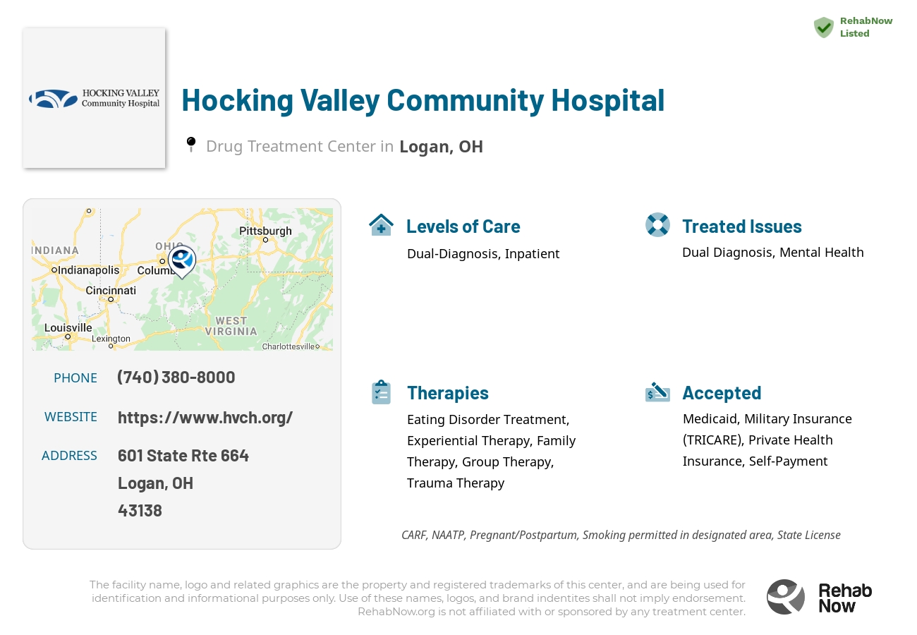 Helpful reference information for Hocking Valley Community Hospital, a drug treatment center in Ohio located at: 601 State Rte 664, Logan, OH 43138, including phone numbers, official website, and more. Listed briefly is an overview of Levels of Care, Therapies Offered, Issues Treated, and accepted forms of Payment Methods.