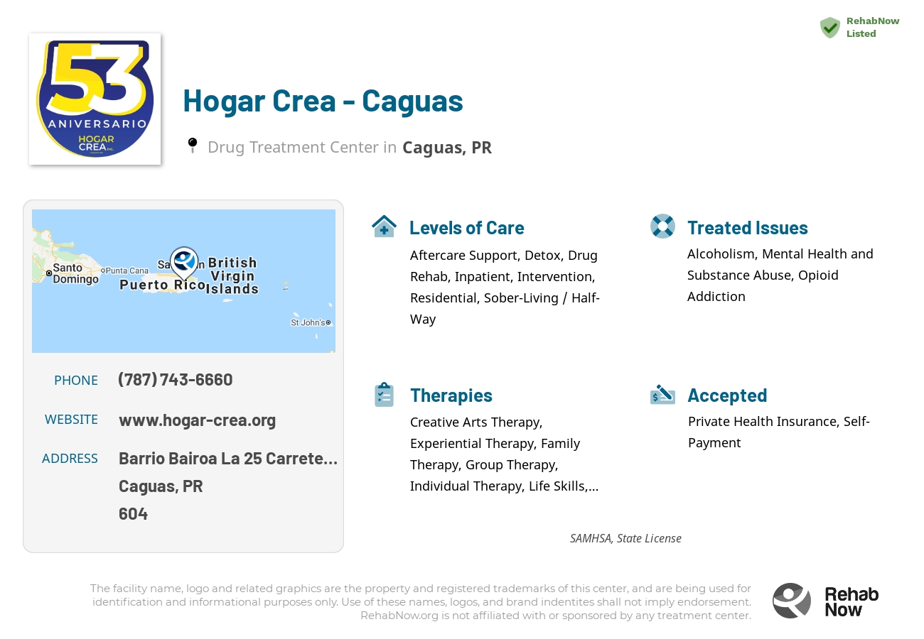 Helpful reference information for Hogar Crea - Caguas, a drug treatment center in Puerto Rico located at: Barrio Bairoa La 25 Carretera 796 Km 6, Caguas, PR, 00604, including phone numbers, official website, and more. Listed briefly is an overview of Levels of Care, Therapies Offered, Issues Treated, and accepted forms of Payment Methods.