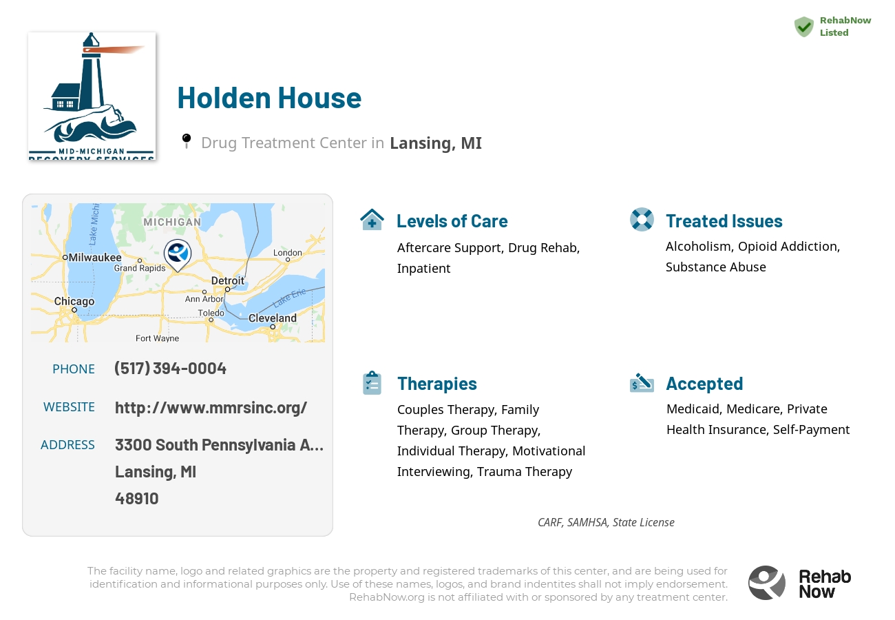 Helpful reference information for Holden House, a drug treatment center in Michigan located at: 3300 South Pennsylvania Avenue, Lansing, MI, 48910, including phone numbers, official website, and more. Listed briefly is an overview of Levels of Care, Therapies Offered, Issues Treated, and accepted forms of Payment Methods.