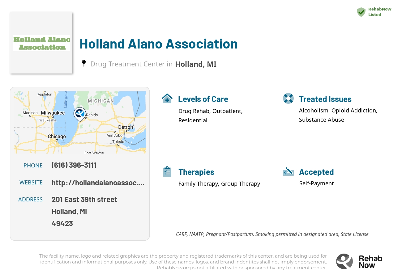 Helpful reference information for Holland Alano Association, a drug treatment center in Michigan located at: 201 201 East 39th street, Holland, MI 49423, including phone numbers, official website, and more. Listed briefly is an overview of Levels of Care, Therapies Offered, Issues Treated, and accepted forms of Payment Methods.