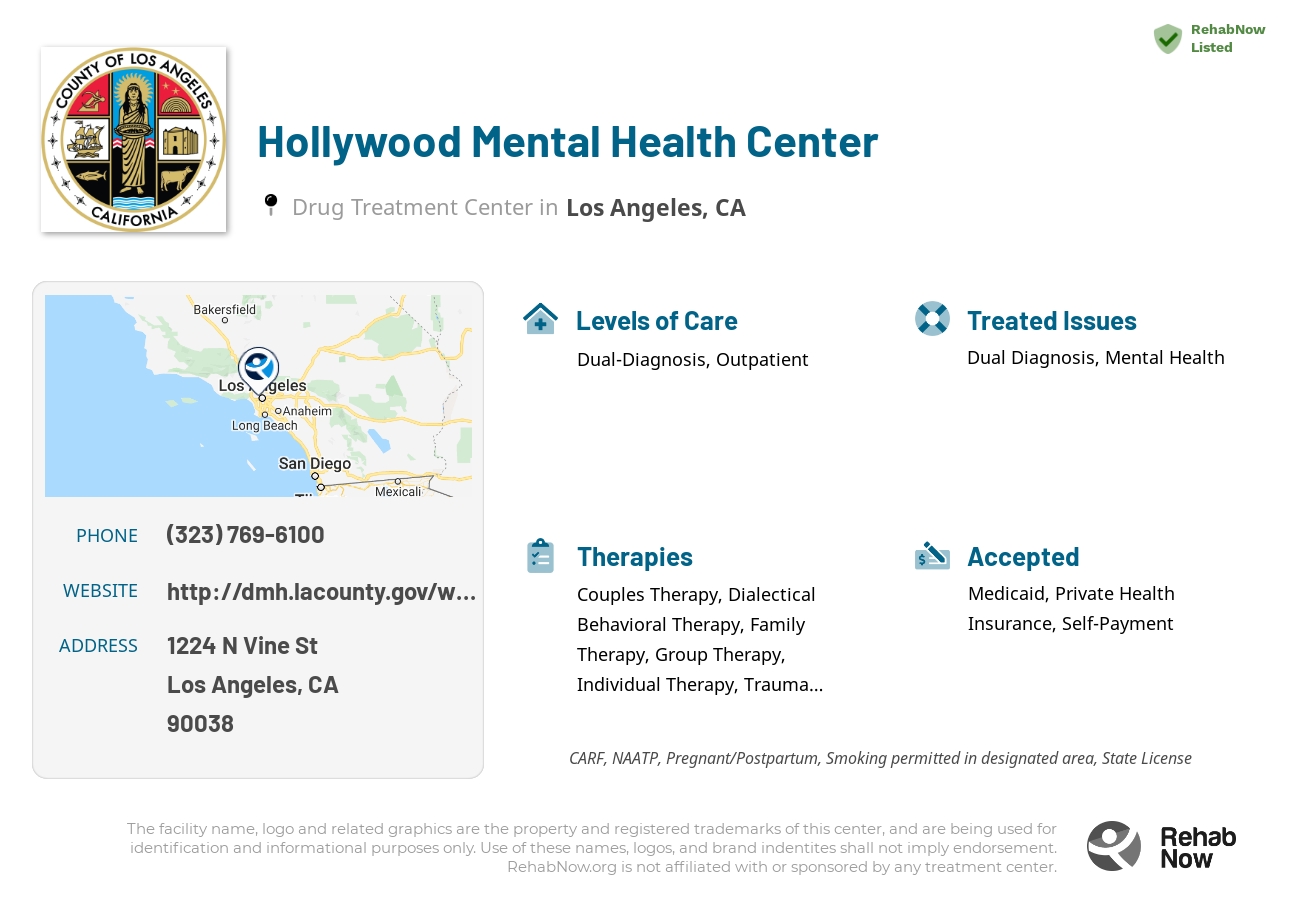 Helpful reference information for Hollywood Mental Health Center, a drug treatment center in California located at: 1224 N Vine St, Los Angeles, CA 90038, including phone numbers, official website, and more. Listed briefly is an overview of Levels of Care, Therapies Offered, Issues Treated, and accepted forms of Payment Methods.