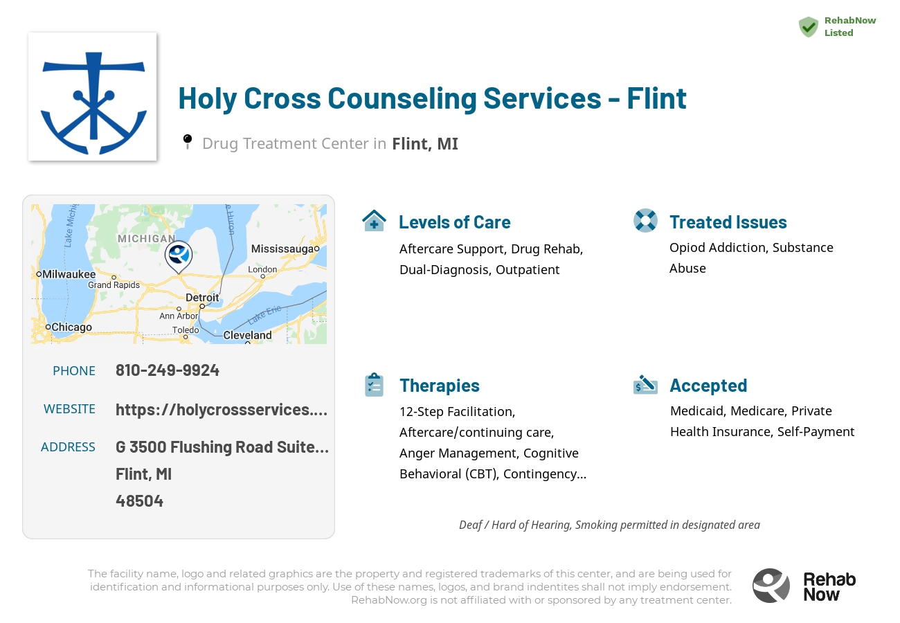 Helpful reference information for Holy Cross Counseling Services - Flint, a drug treatment center in Michigan located at: G 3500 Flushing Road Suite 250, Flint, MI 48504, including phone numbers, official website, and more. Listed briefly is an overview of Levels of Care, Therapies Offered, Issues Treated, and accepted forms of Payment Methods.