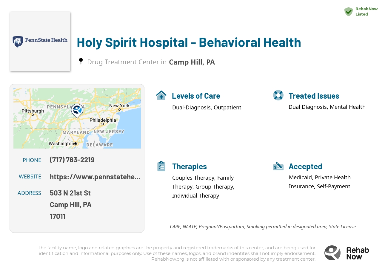 Helpful reference information for Holy Spirit Hospital - Behavioral Health, a drug treatment center in Pennsylvania located at: 503 N 21st St, Camp Hill, PA 17011, including phone numbers, official website, and more. Listed briefly is an overview of Levels of Care, Therapies Offered, Issues Treated, and accepted forms of Payment Methods.