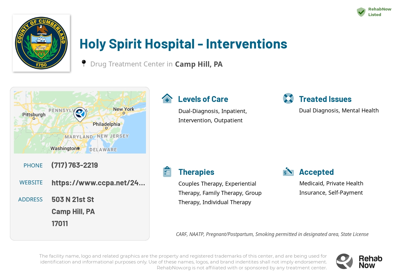 Helpful reference information for Holy Spirit Hospital - Interventions, a drug treatment center in Pennsylvania located at: 503 N 21st St, Camp Hill, PA 17011, including phone numbers, official website, and more. Listed briefly is an overview of Levels of Care, Therapies Offered, Issues Treated, and accepted forms of Payment Methods.