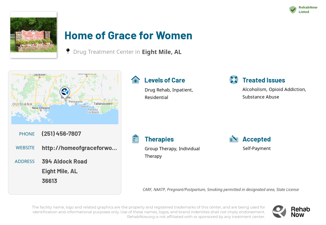 Helpful reference information for Home of Grace for Women, a drug treatment center in Alabama located at: 394 Aldock Road, Eight Mile, AL, 36613, including phone numbers, official website, and more. Listed briefly is an overview of Levels of Care, Therapies Offered, Issues Treated, and accepted forms of Payment Methods.