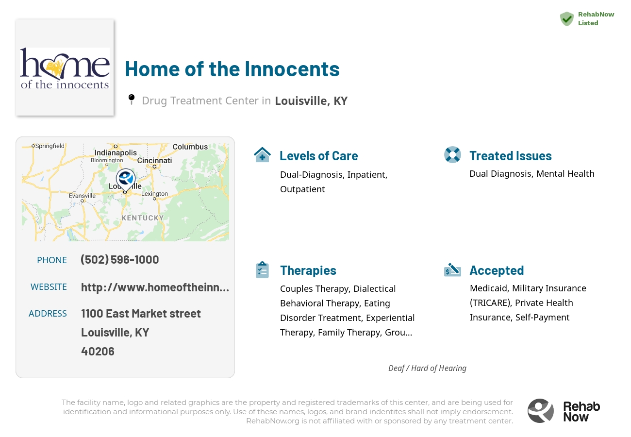 Helpful reference information for Home of the Innocents, a drug treatment center in Kentucky located at: 1100 East Market street, Louisville, KY, 40206, including phone numbers, official website, and more. Listed briefly is an overview of Levels of Care, Therapies Offered, Issues Treated, and accepted forms of Payment Methods.