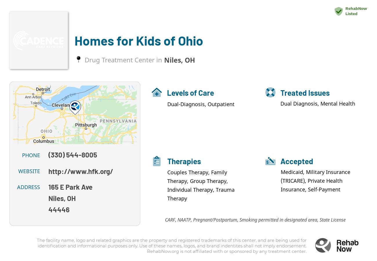 Helpful reference information for Homes for Kids of Ohio, a drug treatment center in Ohio located at: 165 E Park Ave, Niles, OH 44446, including phone numbers, official website, and more. Listed briefly is an overview of Levels of Care, Therapies Offered, Issues Treated, and accepted forms of Payment Methods.