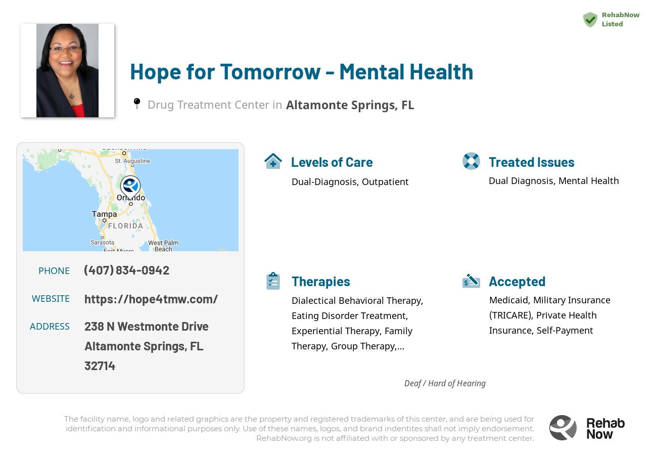 Helpful reference information for Hope for Tomorrow - Mental Health, a drug treatment center in Florida located at: 238 N Westmonte Drive, Altamonte Springs, FL, 32714, including phone numbers, official website, and more. Listed briefly is an overview of Levels of Care, Therapies Offered, Issues Treated, and accepted forms of Payment Methods.