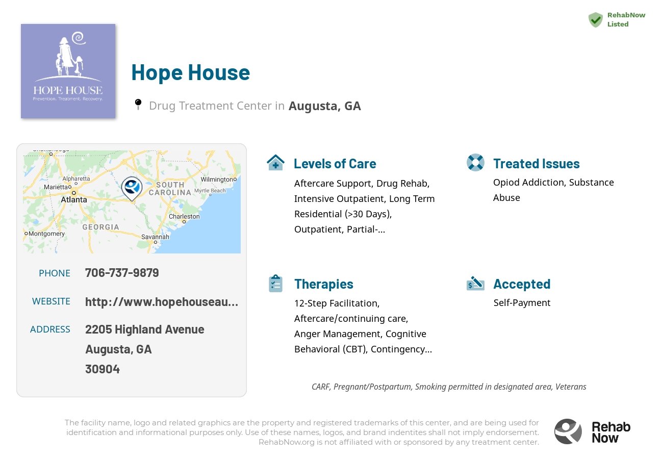 Helpful reference information for Hope House, a drug treatment center in Georgia located at: 2205 Highland Avenue, Augusta, GA 30904, including phone numbers, official website, and more. Listed briefly is an overview of Levels of Care, Therapies Offered, Issues Treated, and accepted forms of Payment Methods.