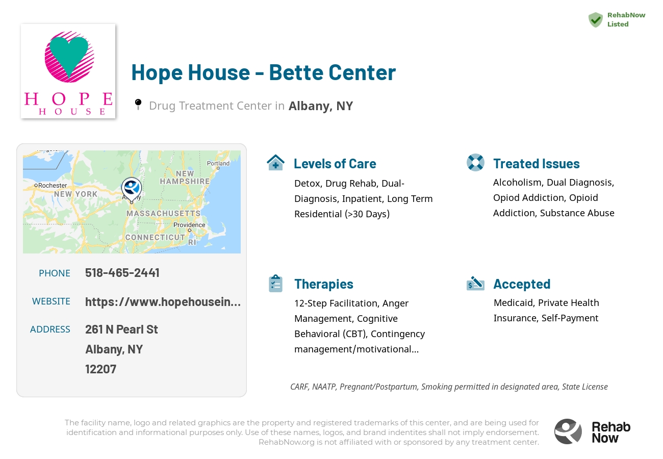 Helpful reference information for Hope House - Bette Center, a drug treatment center in New York located at: 261 N Pearl St, Albany, NY 12207, including phone numbers, official website, and more. Listed briefly is an overview of Levels of Care, Therapies Offered, Issues Treated, and accepted forms of Payment Methods.