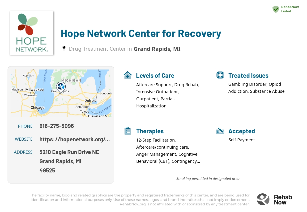 Helpful reference information for Hope Network Center for Recovery, a drug treatment center in Michigan located at: 3210 Eagle Run Drive NE, Grand Rapids, MI 49525, including phone numbers, official website, and more. Listed briefly is an overview of Levels of Care, Therapies Offered, Issues Treated, and accepted forms of Payment Methods.