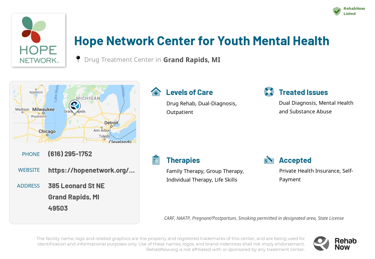 Helpful reference information for Hope Network Center for Youth Mental Health, a drug treatment center in Michigan located at: 385 Leonard St NE, Grand Rapids, MI, 49503, including phone numbers, official website, and more. Listed briefly is an overview of Levels of Care, Therapies Offered, Issues Treated, and accepted forms of Payment Methods.