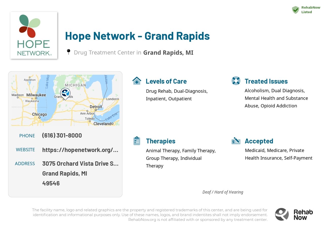 Helpful reference information for Hope Network - Grand Rapids, a drug treatment center in Michigan located at: 3075 Orchard Vista Drive Southeast, Grand Rapids, MI, 49546, including phone numbers, official website, and more. Listed briefly is an overview of Levels of Care, Therapies Offered, Issues Treated, and accepted forms of Payment Methods.
