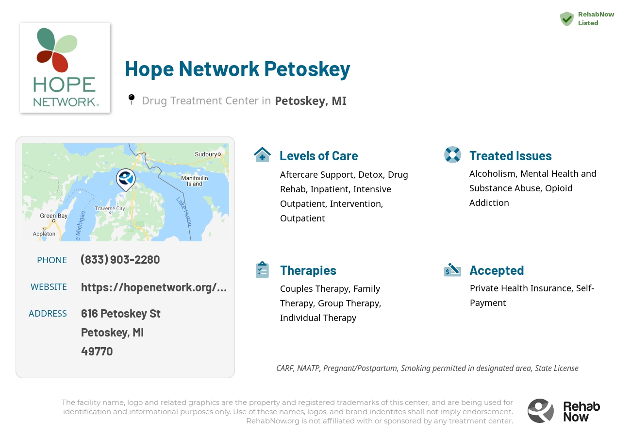 Helpful reference information for Hope Network Petoskey, a drug treatment center in Michigan located at: 616 Petoskey St, Petoskey, MI, 49770, including phone numbers, official website, and more. Listed briefly is an overview of Levels of Care, Therapies Offered, Issues Treated, and accepted forms of Payment Methods.