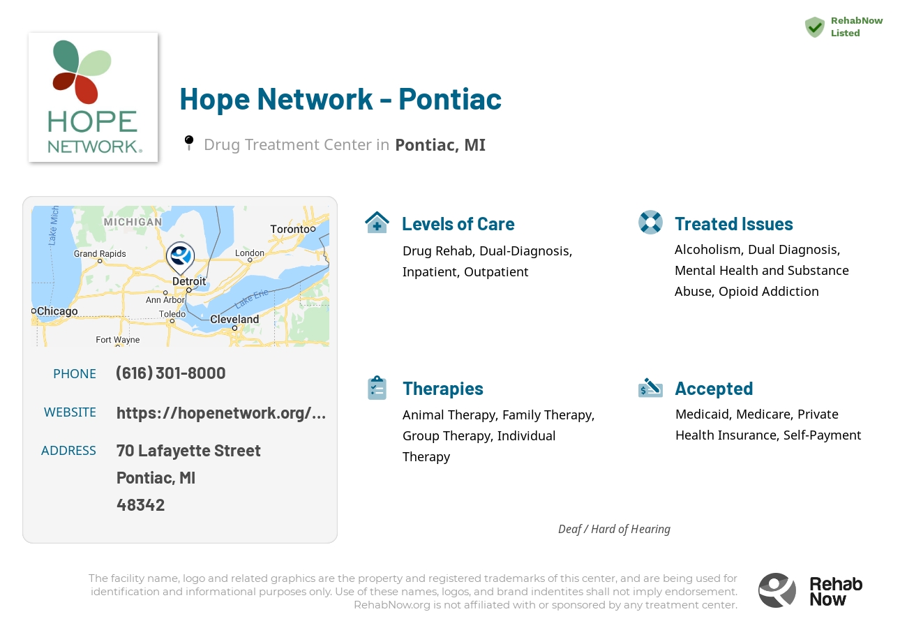 Helpful reference information for Hope Network - Pontiac, a drug treatment center in Michigan located at: 70 Lafayette Street, Pontiac, MI, 48342, including phone numbers, official website, and more. Listed briefly is an overview of Levels of Care, Therapies Offered, Issues Treated, and accepted forms of Payment Methods.