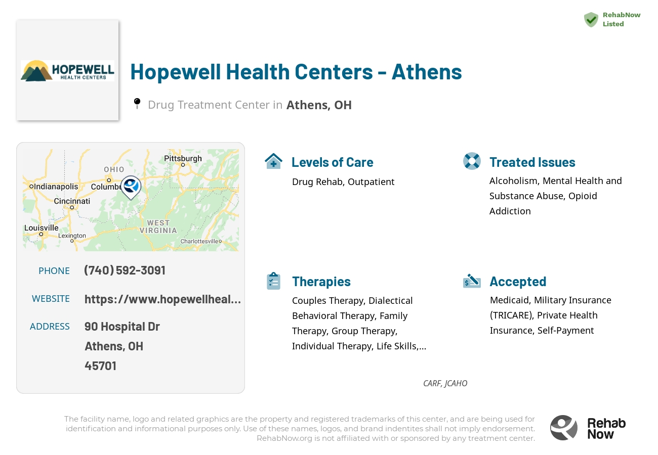 Helpful reference information for Hopewell Health Centers - Athens, a drug treatment center in Ohio located at: 90 Hospital Dr, Athens, OH 45701, including phone numbers, official website, and more. Listed briefly is an overview of Levels of Care, Therapies Offered, Issues Treated, and accepted forms of Payment Methods.