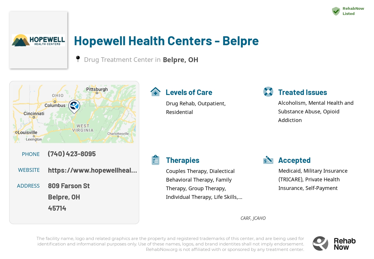 Helpful reference information for Hopewell Health Centers - Belpre, a drug treatment center in Ohio located at: 809 Farson St, Belpre, OH 45714, including phone numbers, official website, and more. Listed briefly is an overview of Levels of Care, Therapies Offered, Issues Treated, and accepted forms of Payment Methods.