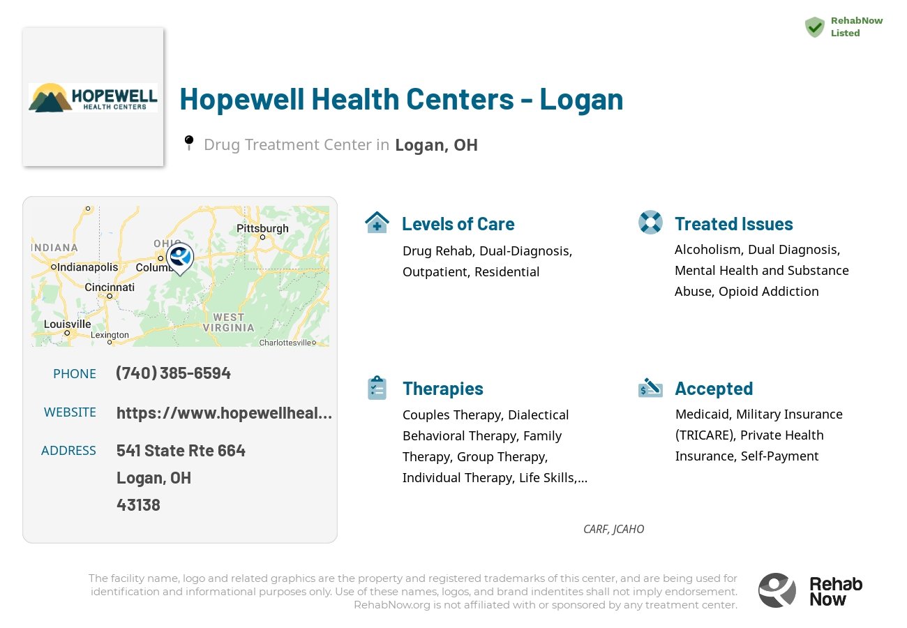 Helpful reference information for Hopewell Health Centers - Logan, a drug treatment center in Ohio located at: 541 State Rte 664, Logan, OH 43138, including phone numbers, official website, and more. Listed briefly is an overview of Levels of Care, Therapies Offered, Issues Treated, and accepted forms of Payment Methods.