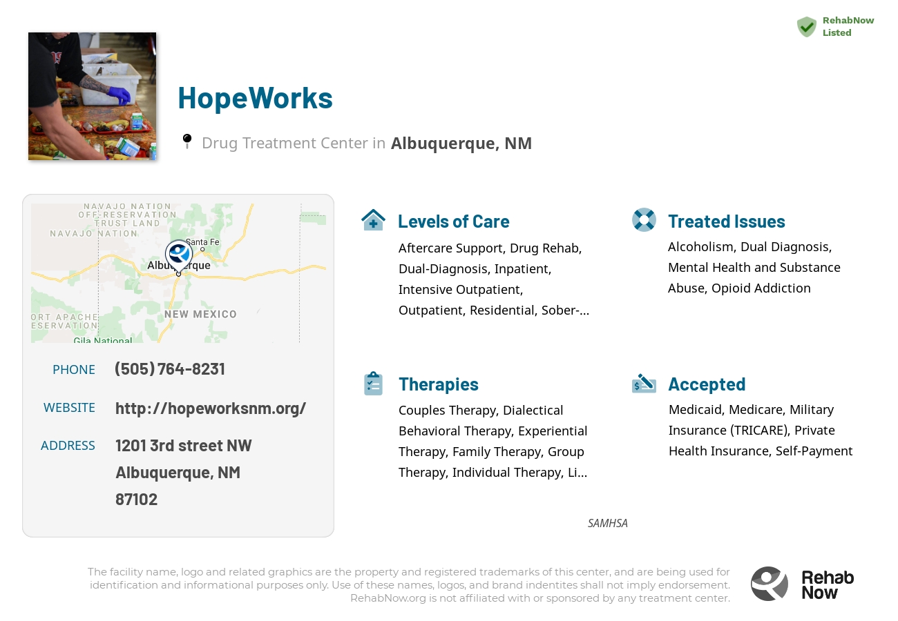 Helpful reference information for HopeWorks, a drug treatment center in New Mexico located at: 1201 1201 3rd street NW, Albuquerque, NM 87102, including phone numbers, official website, and more. Listed briefly is an overview of Levels of Care, Therapies Offered, Issues Treated, and accepted forms of Payment Methods.