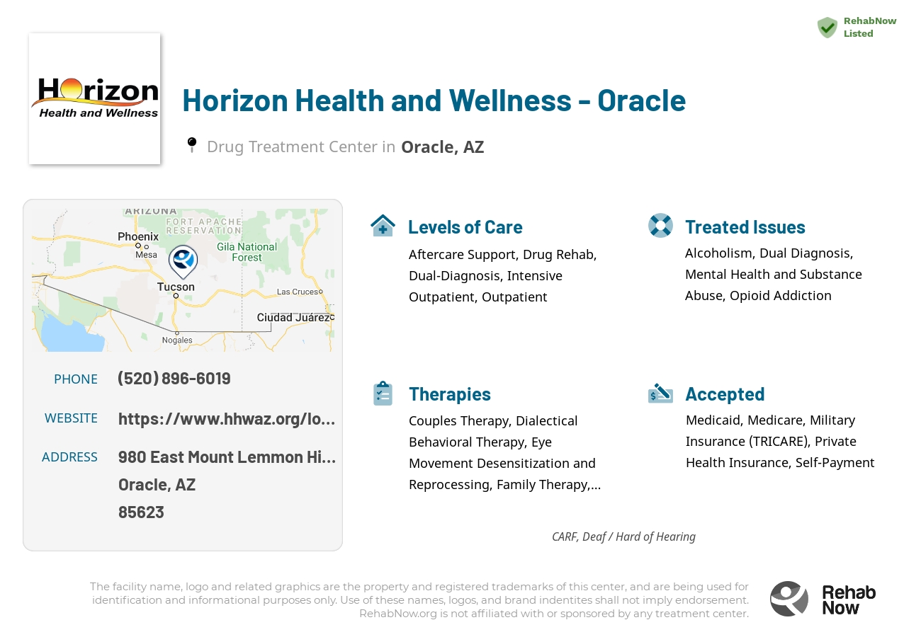 Helpful reference information for Horizon Health and Wellness - Oracle, a drug treatment center in Arizona located at: 980 East Mount Lemmon Highway, Oracle, AZ, 85623, including phone numbers, official website, and more. Listed briefly is an overview of Levels of Care, Therapies Offered, Issues Treated, and accepted forms of Payment Methods.