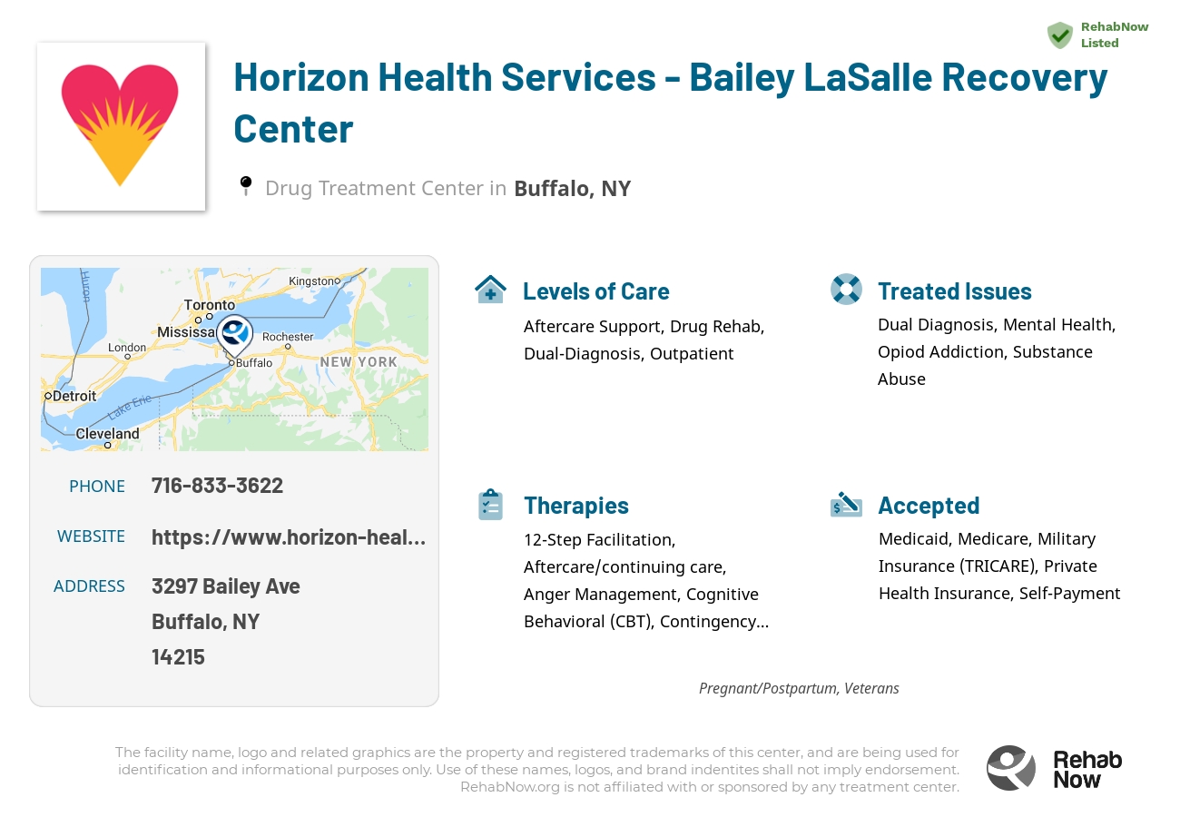Helpful reference information for Horizon Health Services - Bailey LaSalle Recovery Center, a drug treatment center in New York located at: 3297 Bailey Ave, Buffalo, NY 14215, including phone numbers, official website, and more. Listed briefly is an overview of Levels of Care, Therapies Offered, Issues Treated, and accepted forms of Payment Methods.