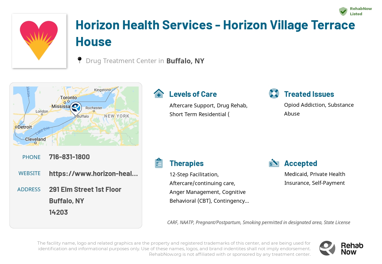 Helpful reference information for Horizon Health Services - Horizon Village Terrace House, a drug treatment center in New York located at: 291 Elm Street 1st Floor, Buffalo, NY 14203, including phone numbers, official website, and more. Listed briefly is an overview of Levels of Care, Therapies Offered, Issues Treated, and accepted forms of Payment Methods.