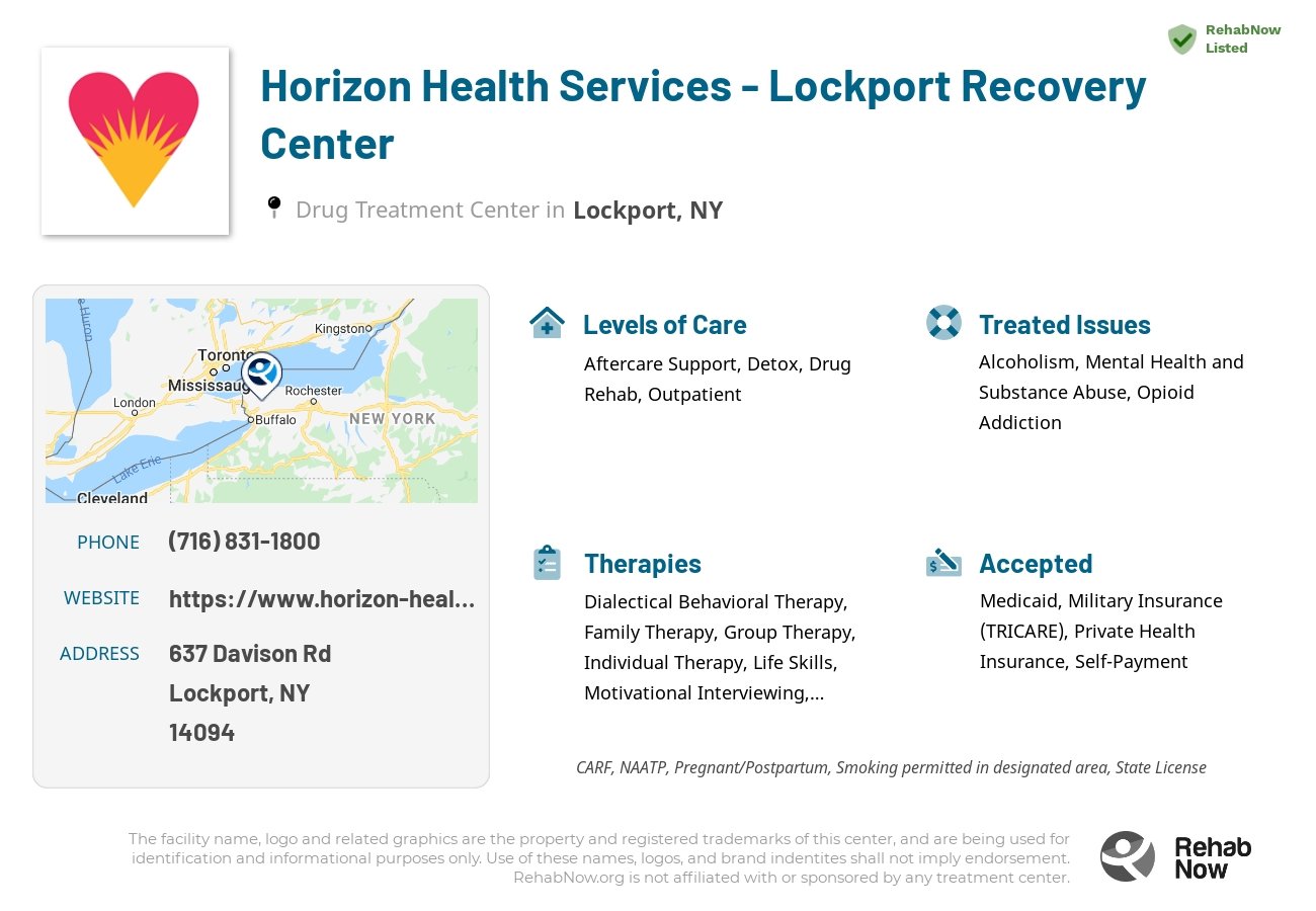 Helpful reference information for Horizon Health Services - Lockport Recovery Center, a drug treatment center in New York located at: 637 Davison Rd, Lockport, NY 14094, including phone numbers, official website, and more. Listed briefly is an overview of Levels of Care, Therapies Offered, Issues Treated, and accepted forms of Payment Methods.