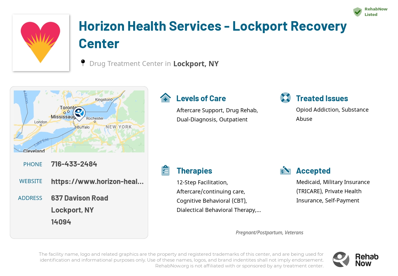 Helpful reference information for Horizon Health Services - Lockport Recovery Center, a drug treatment center in New York located at: 637 Davison Road, Lockport, NY 14094, including phone numbers, official website, and more. Listed briefly is an overview of Levels of Care, Therapies Offered, Issues Treated, and accepted forms of Payment Methods.