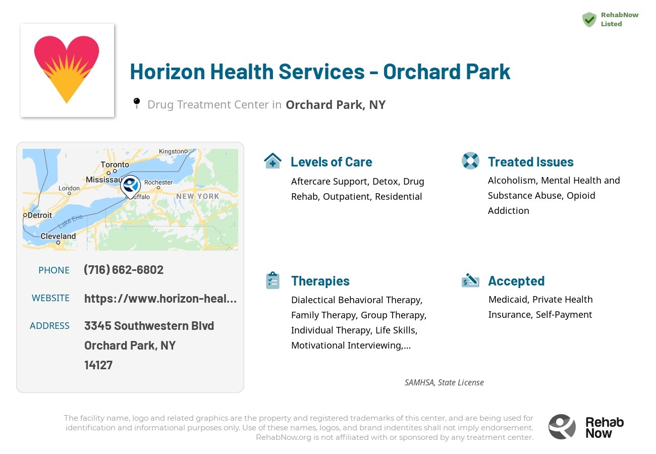 Helpful reference information for Horizon Health Services - Orchard Park, a drug treatment center in New York located at: 3345 Southwestern Blvd, Orchard Park, NY 14127, including phone numbers, official website, and more. Listed briefly is an overview of Levels of Care, Therapies Offered, Issues Treated, and accepted forms of Payment Methods.