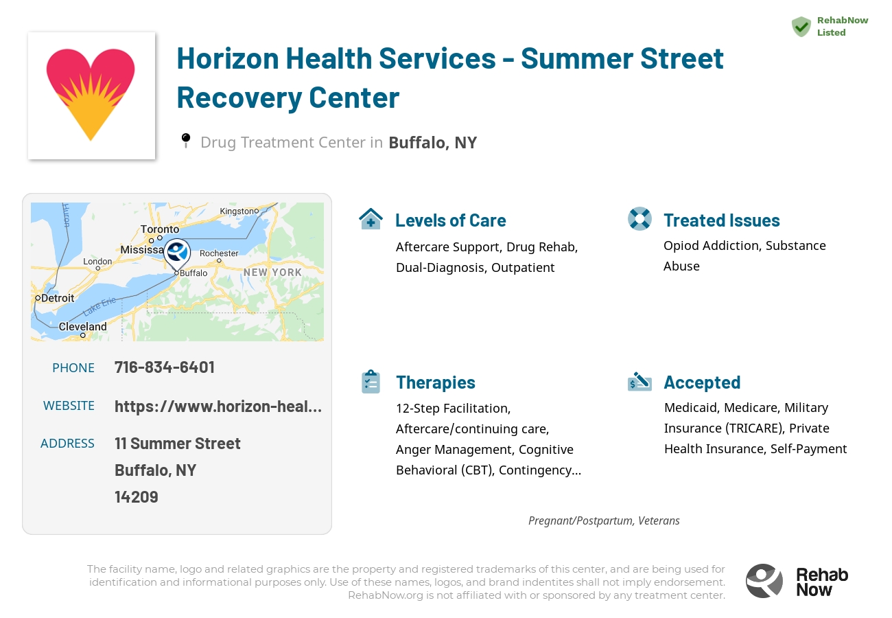 Helpful reference information for Horizon Health Services - Summer Street Recovery Center, a drug treatment center in New York located at: 11 Summer Street, Buffalo, NY 14209, including phone numbers, official website, and more. Listed briefly is an overview of Levels of Care, Therapies Offered, Issues Treated, and accepted forms of Payment Methods.