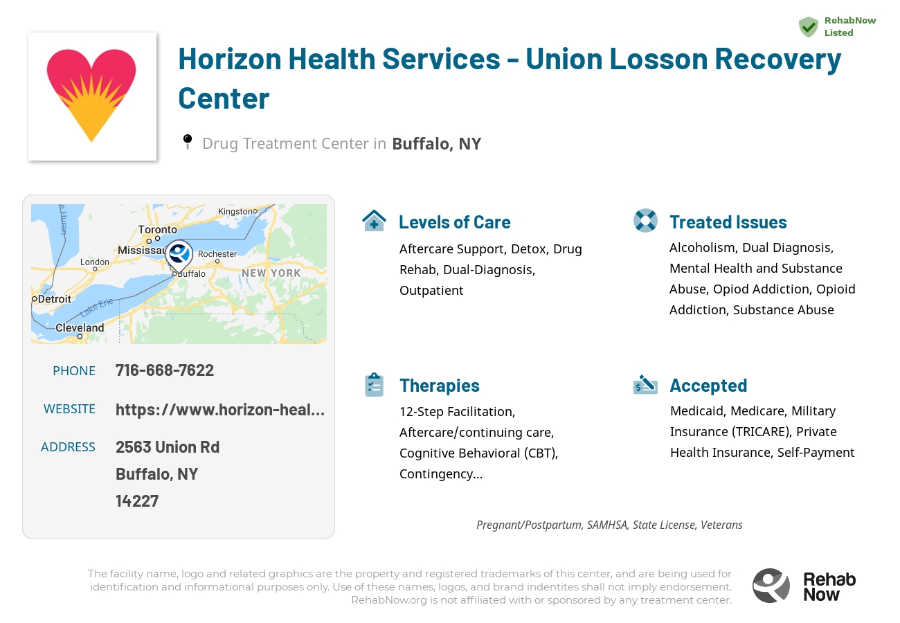 Helpful reference information for Horizon Health Services - Union Losson Recovery Center, a drug treatment center in New York located at: 2563 Union Rd, Buffalo, NY 14227, including phone numbers, official website, and more. Listed briefly is an overview of Levels of Care, Therapies Offered, Issues Treated, and accepted forms of Payment Methods.