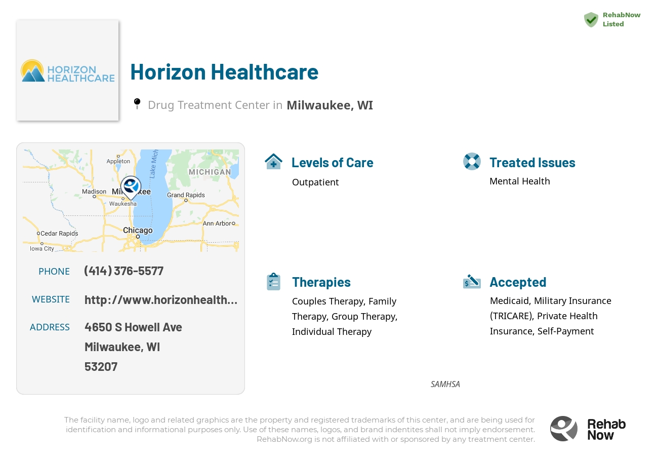 Helpful reference information for Horizon Healthcare, a drug treatment center in Wisconsin located at: 4650 S Howell Ave, Milwaukee, WI 53207, including phone numbers, official website, and more. Listed briefly is an overview of Levels of Care, Therapies Offered, Issues Treated, and accepted forms of Payment Methods.