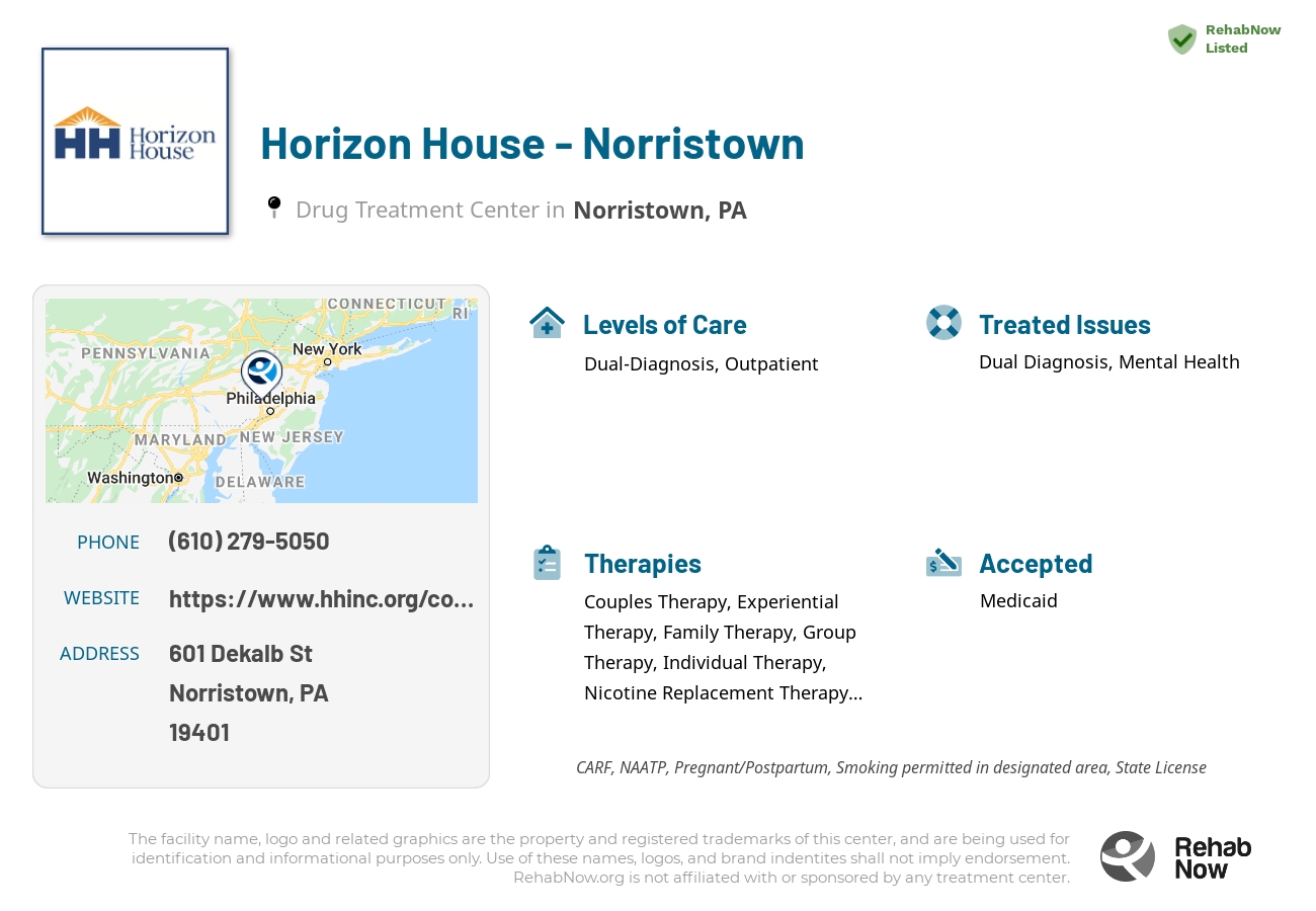 Helpful reference information for Horizon House - Norristown, a drug treatment center in Pennsylvania located at: 601 Dekalb St, Norristown, PA 19401, including phone numbers, official website, and more. Listed briefly is an overview of Levels of Care, Therapies Offered, Issues Treated, and accepted forms of Payment Methods.
