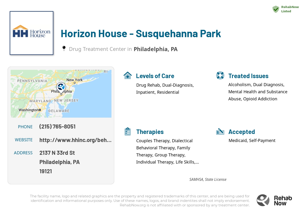 Helpful reference information for Horizon House - Susquehanna Park, a drug treatment center in Pennsylvania located at: 2137 N 33rd St, Philadelphia, PA 19121, including phone numbers, official website, and more. Listed briefly is an overview of Levels of Care, Therapies Offered, Issues Treated, and accepted forms of Payment Methods.