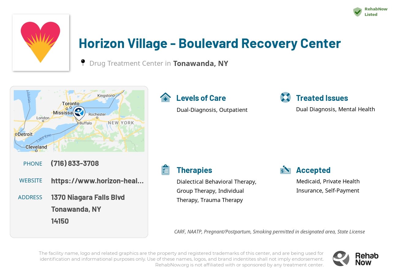 Helpful reference information for Horizon Village - Boulevard Recovery Center, a drug treatment center in New York located at: 1370 Niagara Falls Blvd, Tonawanda, NY 14150, including phone numbers, official website, and more. Listed briefly is an overview of Levels of Care, Therapies Offered, Issues Treated, and accepted forms of Payment Methods.