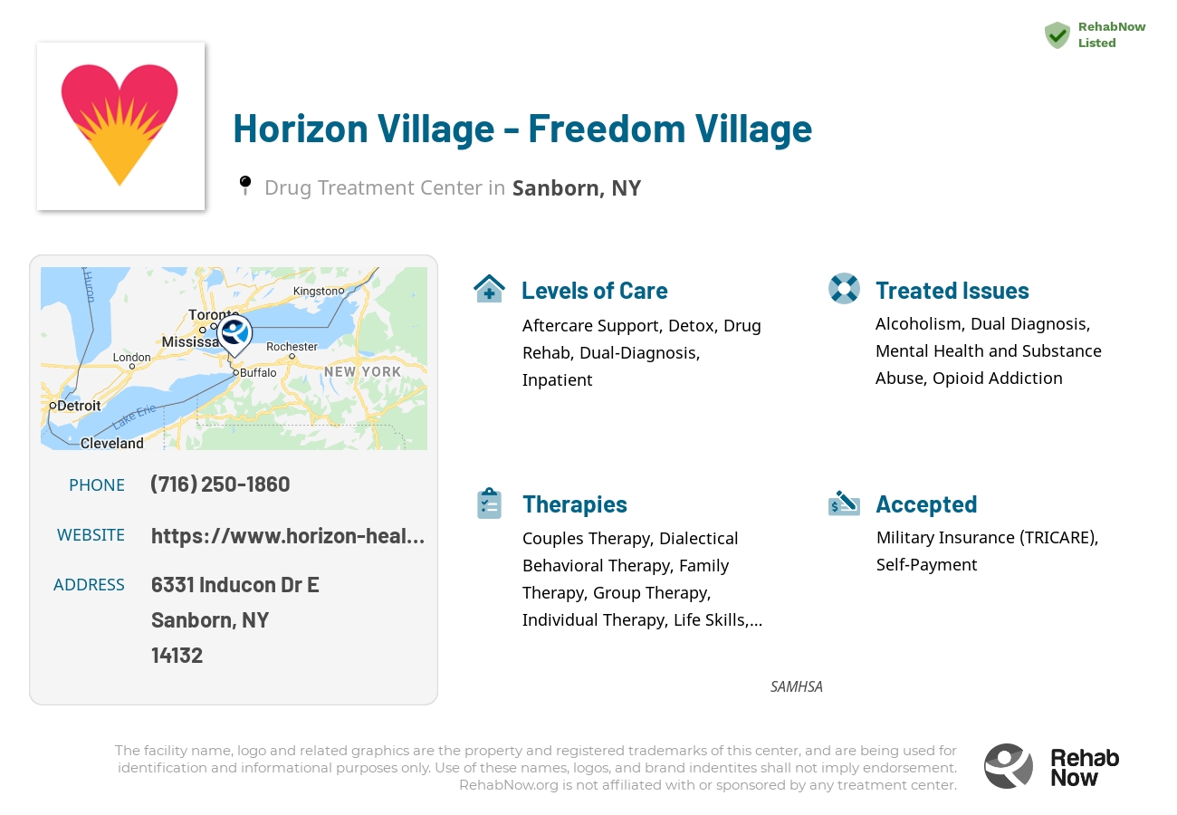 Helpful reference information for Horizon Village - Freedom Village, a drug treatment center in New York located at: 6331 Inducon Dr E, Sanborn, NY 14132, including phone numbers, official website, and more. Listed briefly is an overview of Levels of Care, Therapies Offered, Issues Treated, and accepted forms of Payment Methods.
