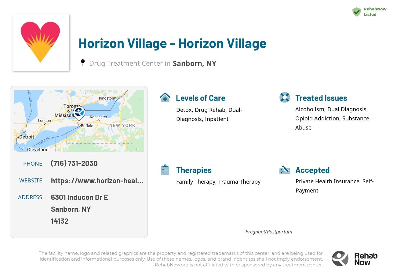 Helpful reference information for Horizon Village - Horizon Village, a drug treatment center in New York located at: 6301 Inducon Dr E, Sanborn, NY 14132, including phone numbers, official website, and more. Listed briefly is an overview of Levels of Care, Therapies Offered, Issues Treated, and accepted forms of Payment Methods.