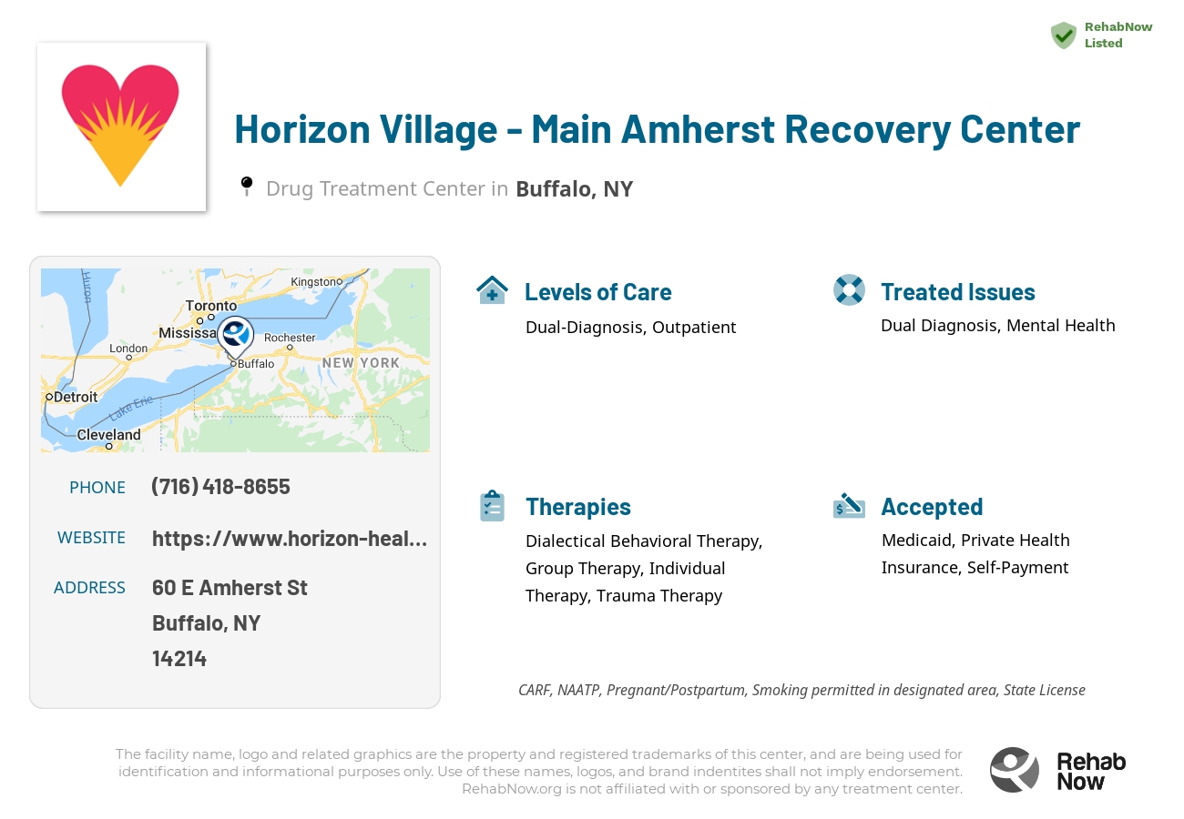 Helpful reference information for Horizon Village - Main Amherst Recovery Center, a drug treatment center in New York located at: 60 E Amherst St, Buffalo, NY 14214, including phone numbers, official website, and more. Listed briefly is an overview of Levels of Care, Therapies Offered, Issues Treated, and accepted forms of Payment Methods.