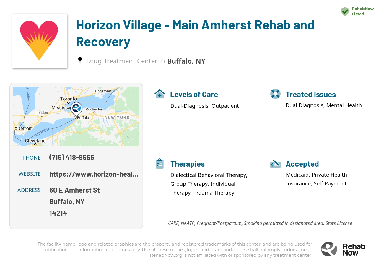 Helpful reference information for Horizon Village - Main Amherst Rehab and Recovery, a drug treatment center in New York located at: 60 E Amherst St, Buffalo, NY 14214, including phone numbers, official website, and more. Listed briefly is an overview of Levels of Care, Therapies Offered, Issues Treated, and accepted forms of Payment Methods.