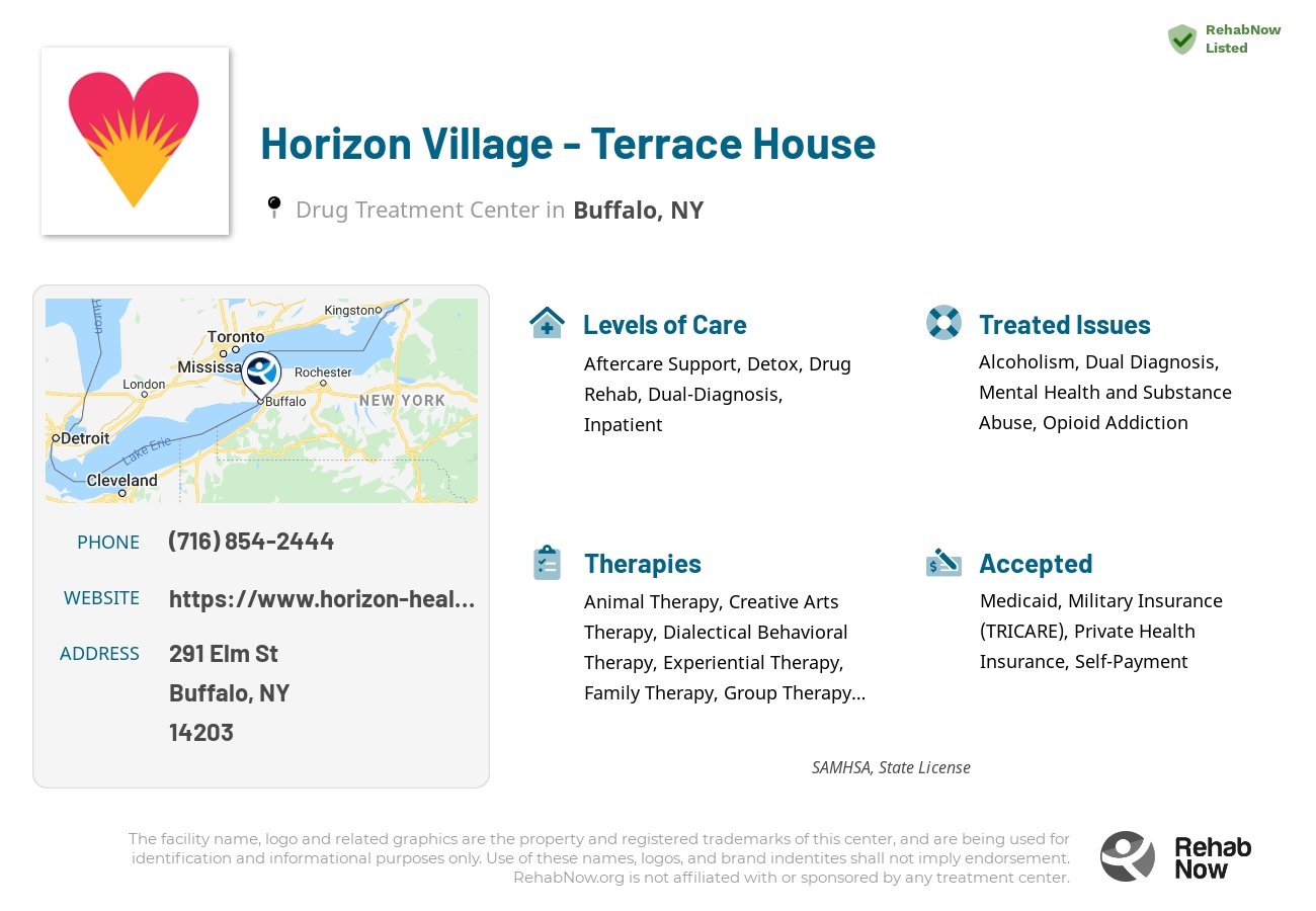 Helpful reference information for Horizon Village - Terrace House, a drug treatment center in New York located at: 291 Elm St, Buffalo, NY 14203, including phone numbers, official website, and more. Listed briefly is an overview of Levels of Care, Therapies Offered, Issues Treated, and accepted forms of Payment Methods.