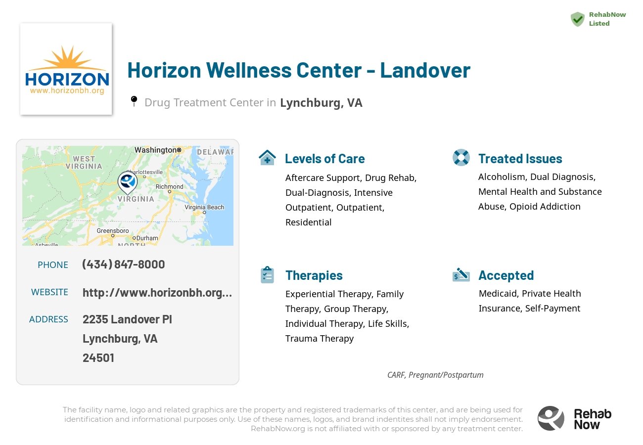 Helpful reference information for Horizon Wellness Center - Landover, a drug treatment center in Virginia located at: 2235 Landover Pl, Lynchburg, VA 24501, including phone numbers, official website, and more. Listed briefly is an overview of Levels of Care, Therapies Offered, Issues Treated, and accepted forms of Payment Methods.