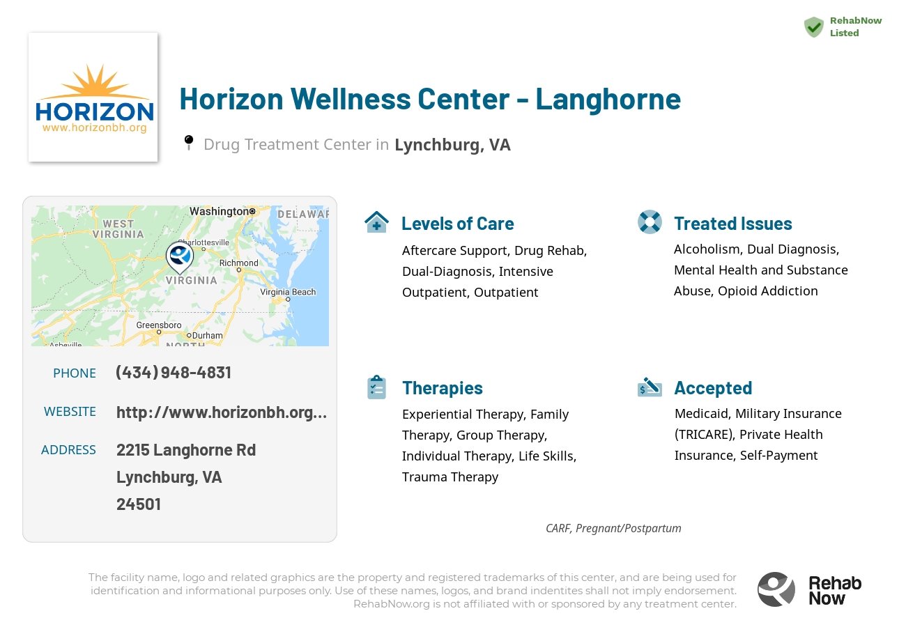 Helpful reference information for Horizon Wellness Center - Langhorne, a drug treatment center in Virginia located at: 2215 Langhorne Rd, Lynchburg, VA 24501, including phone numbers, official website, and more. Listed briefly is an overview of Levels of Care, Therapies Offered, Issues Treated, and accepted forms of Payment Methods.