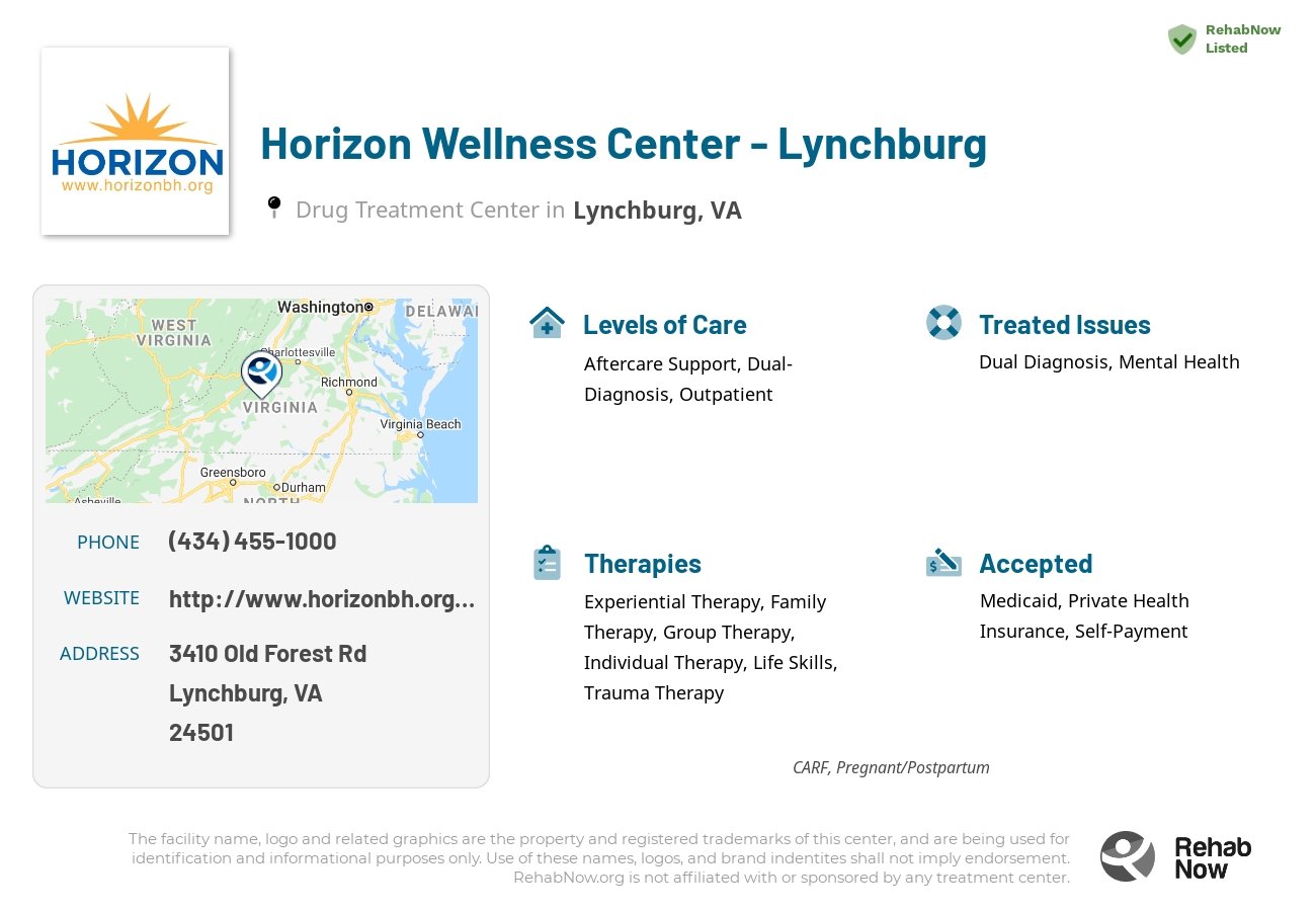 Helpful reference information for Horizon Wellness Center - Lynchburg, a drug treatment center in Virginia located at: 3410 Old Forest Rd, Lynchburg, VA 24501, including phone numbers, official website, and more. Listed briefly is an overview of Levels of Care, Therapies Offered, Issues Treated, and accepted forms of Payment Methods.