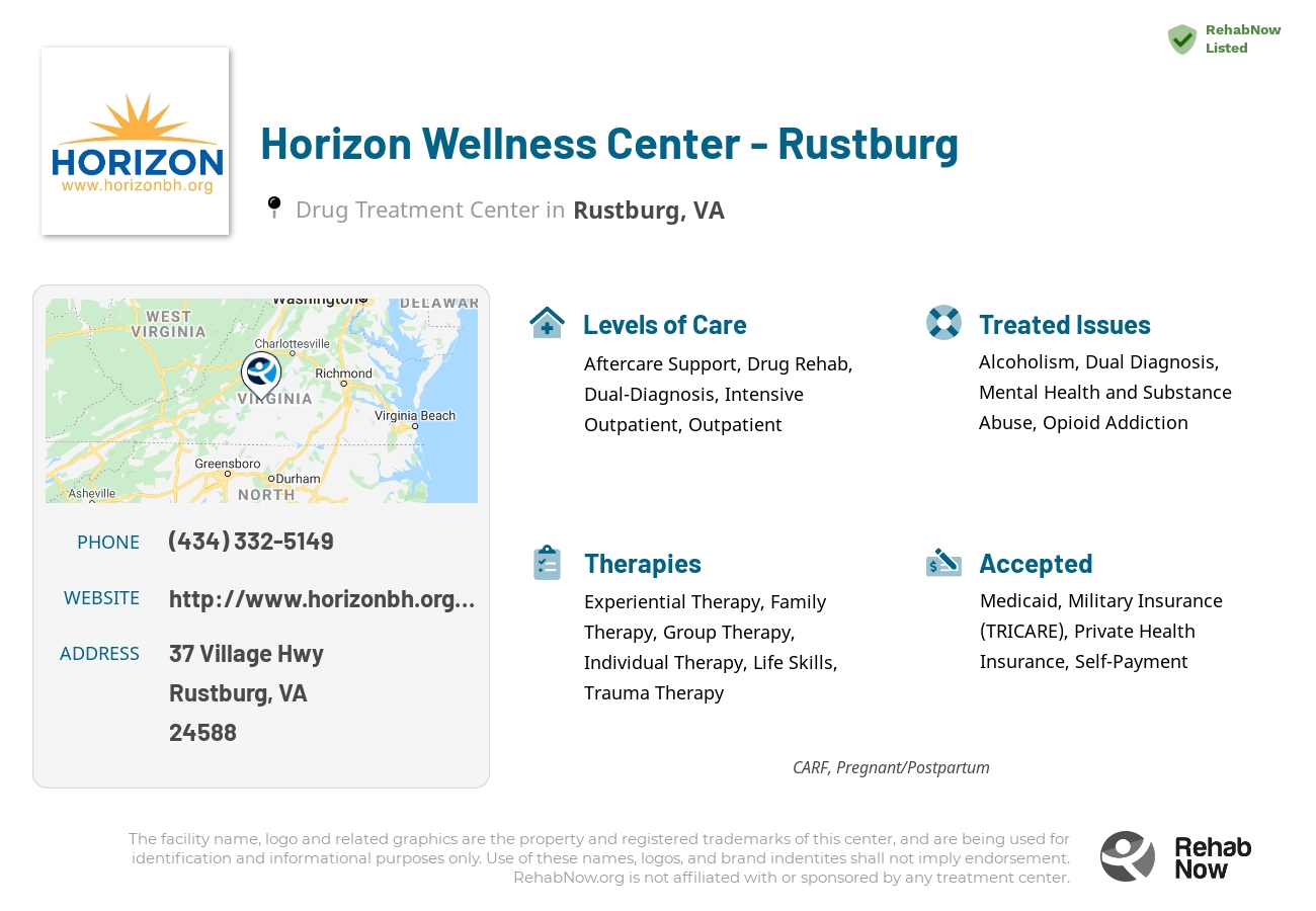 Helpful reference information for Horizon Wellness Center - Rustburg, a drug treatment center in Virginia located at: 37 Village Hwy, Rustburg, VA 24588, including phone numbers, official website, and more. Listed briefly is an overview of Levels of Care, Therapies Offered, Issues Treated, and accepted forms of Payment Methods.