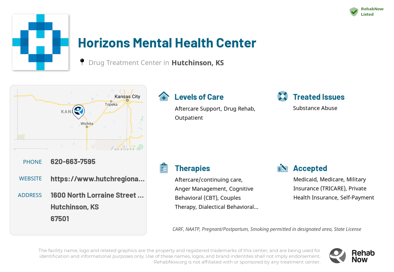 Helpful reference information for Horizons Mental Health Center, a drug treatment center in Kansas located at: 1600 North Lorraine Street Suite 202, Hutchinson, KS 67501, including phone numbers, official website, and more. Listed briefly is an overview of Levels of Care, Therapies Offered, Issues Treated, and accepted forms of Payment Methods.
