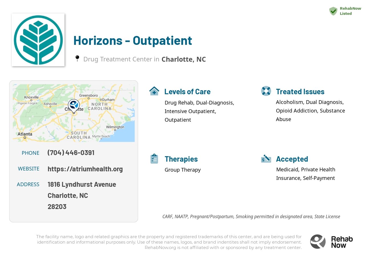 Helpful reference information for Horizons - Outpatient, a drug treatment center in North Carolina located at: 1816 Lyndhurst Avenue, Charlotte, NC, 28203, including phone numbers, official website, and more. Listed briefly is an overview of Levels of Care, Therapies Offered, Issues Treated, and accepted forms of Payment Methods.