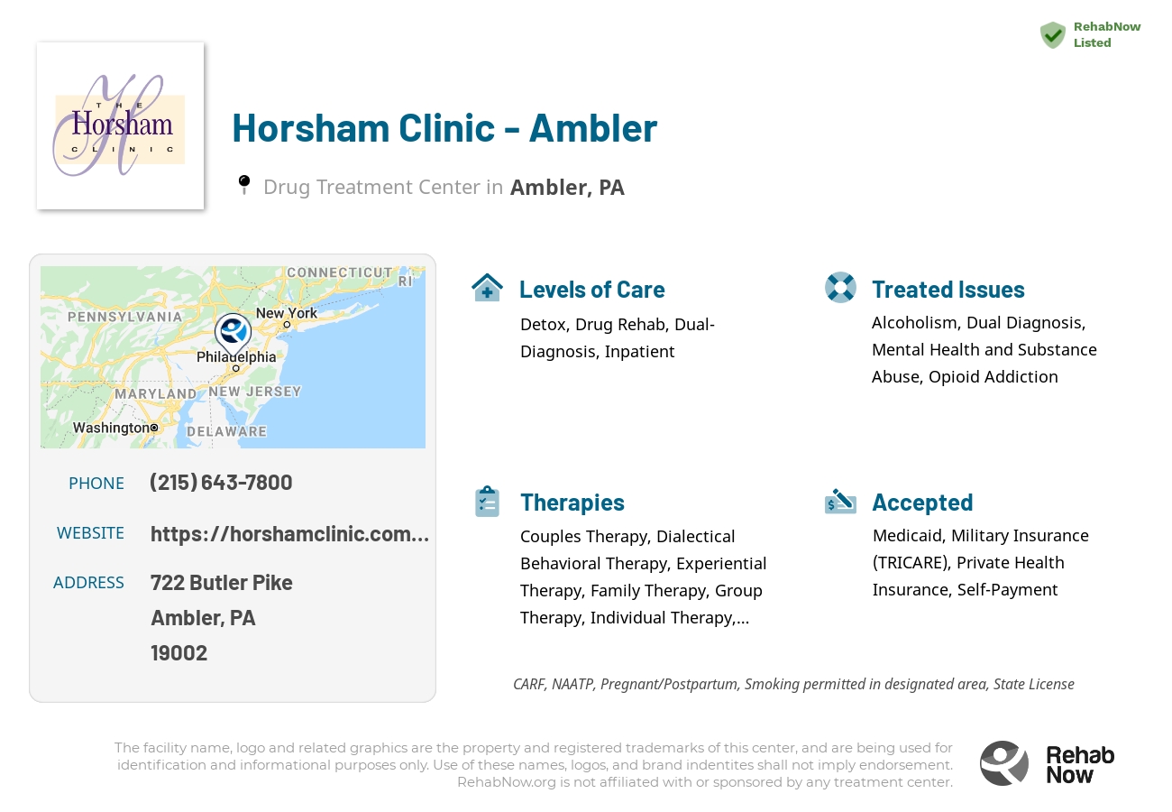 Helpful reference information for Horsham Clinic - Ambler, a drug treatment center in Pennsylvania located at: 722 Butler Pike, Ambler, PA 19002, including phone numbers, official website, and more. Listed briefly is an overview of Levels of Care, Therapies Offered, Issues Treated, and accepted forms of Payment Methods.
