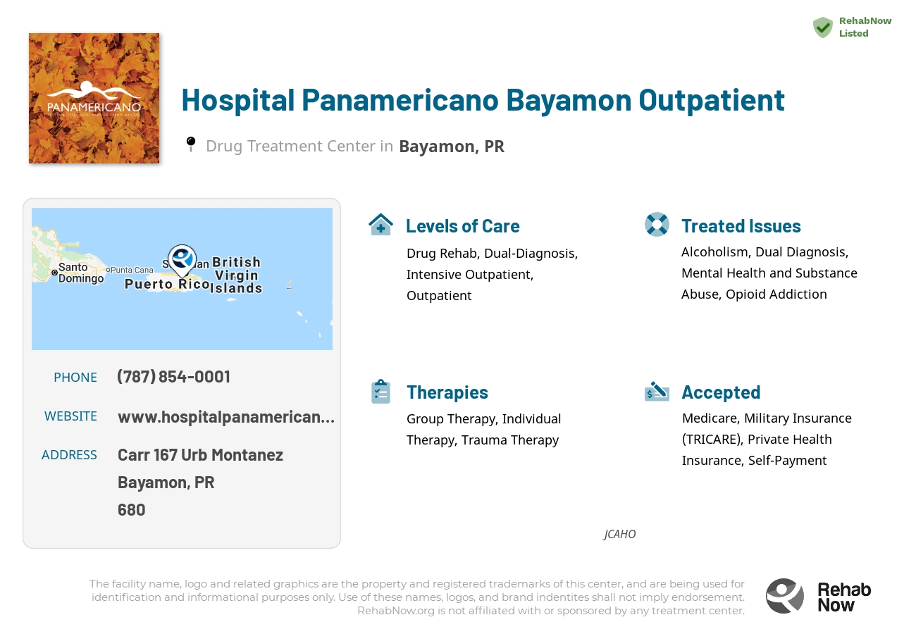 Helpful reference information for Hospital Panamericano Bayamon Outpatient, a drug treatment center in Puerto Rico located at: Carr 167 Urb Montanez, Bayamon, PR, 00680, including phone numbers, official website, and more. Listed briefly is an overview of Levels of Care, Therapies Offered, Issues Treated, and accepted forms of Payment Methods.