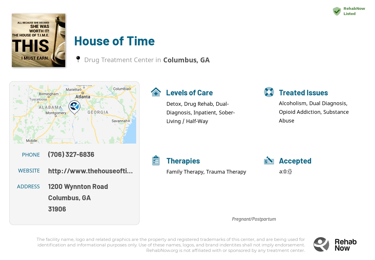 Helpful reference information for House of Time, a drug treatment center in Georgia located at: 1200 1200 Wynnton Road, Columbus, GA 31906, including phone numbers, official website, and more. Listed briefly is an overview of Levels of Care, Therapies Offered, Issues Treated, and accepted forms of Payment Methods.